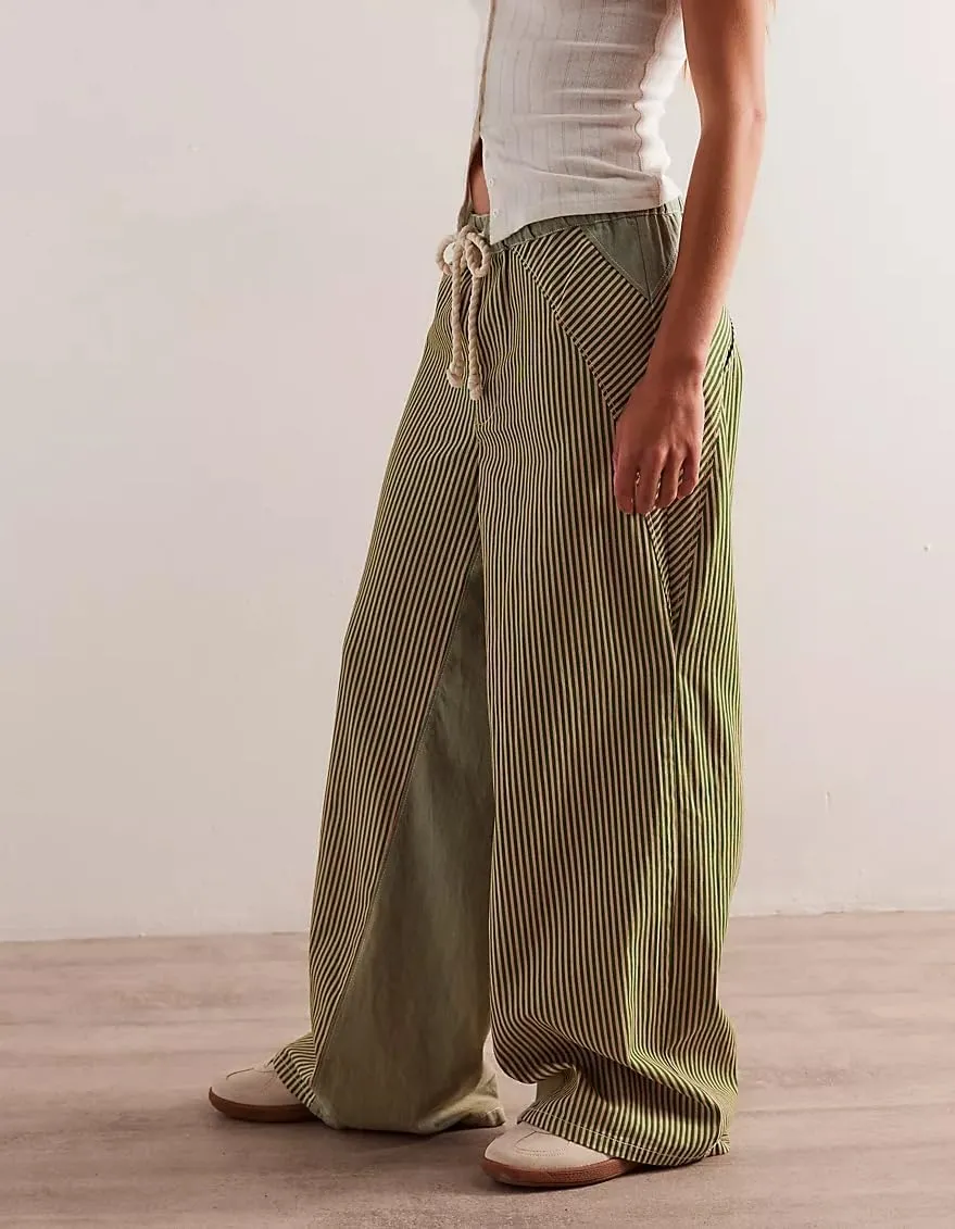 Y2k Striped Pants for Women Wide Leg Drawstring Elastic Low Rise Pajama Pants Lounge Wear Trousers