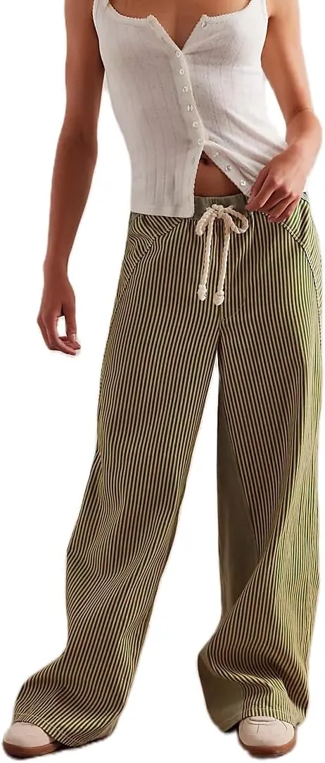 Y2k Striped Pants for Women Wide Leg Drawstring Elastic Low Rise Pajama Pants Lounge Wear Trousers