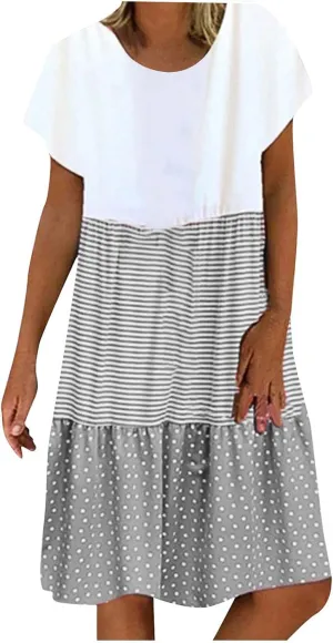 yardsong Casual Summer Dresses for Women Plus Size Short Sleeve Tshirt Dress Striped Polka Dot Patchwork Flowy Midi Dresses