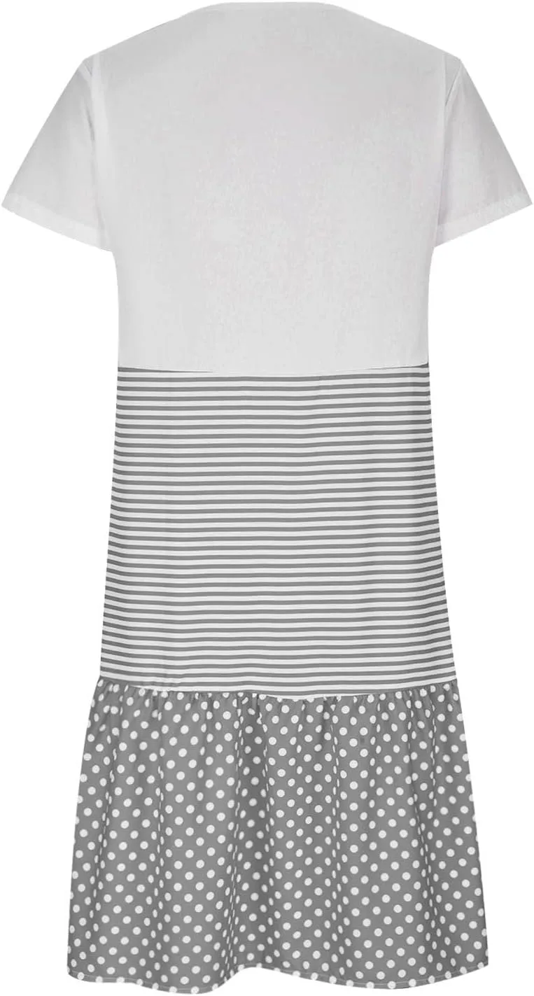 yardsong Casual Summer Dresses for Women Plus Size Short Sleeve Tshirt Dress Striped Polka Dot Patchwork Flowy Midi Dresses