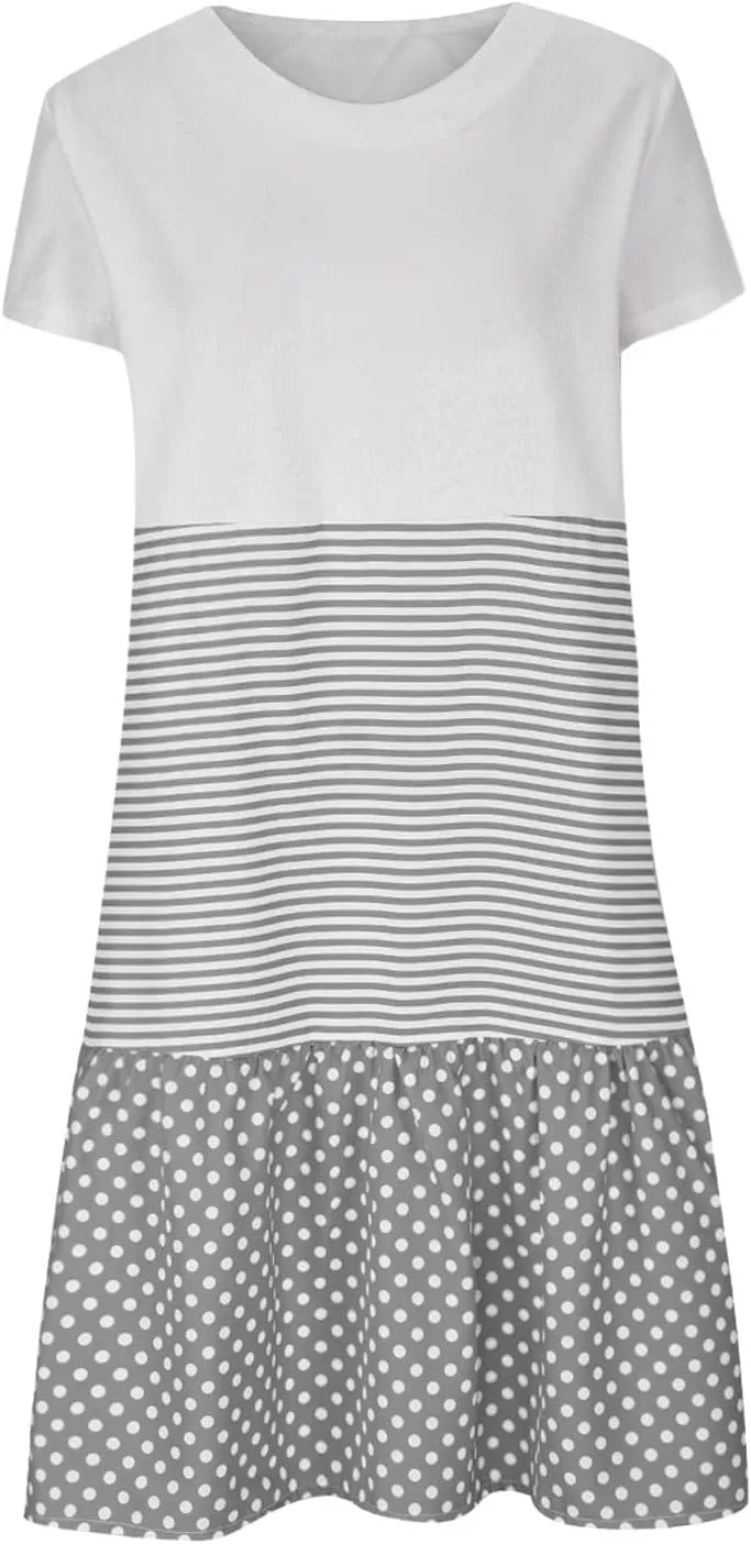 yardsong Casual Summer Dresses for Women Plus Size Short Sleeve Tshirt Dress Striped Polka Dot Patchwork Flowy Midi Dresses