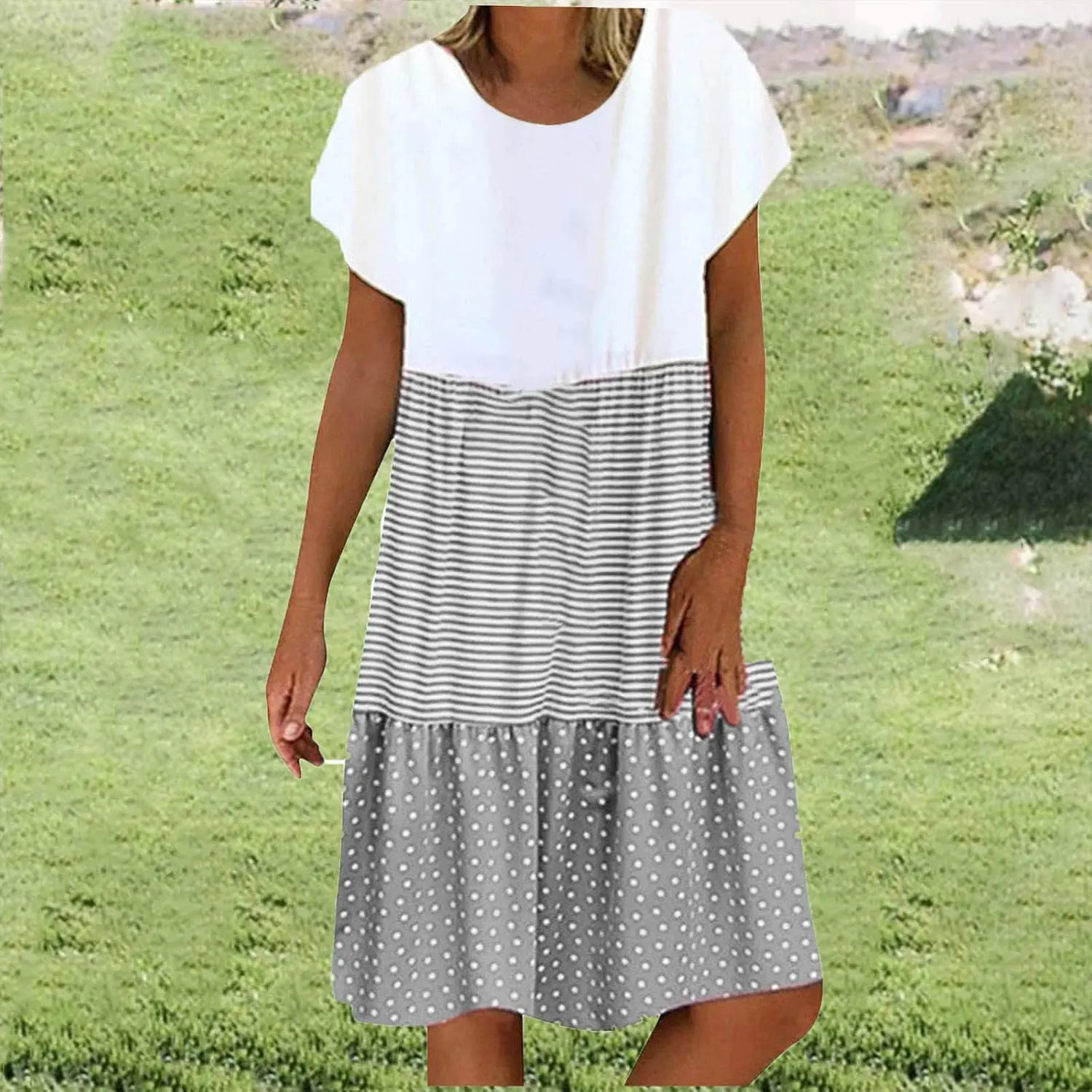 yardsong Casual Summer Dresses for Women Plus Size Short Sleeve Tshirt Dress Striped Polka Dot Patchwork Flowy Midi Dresses