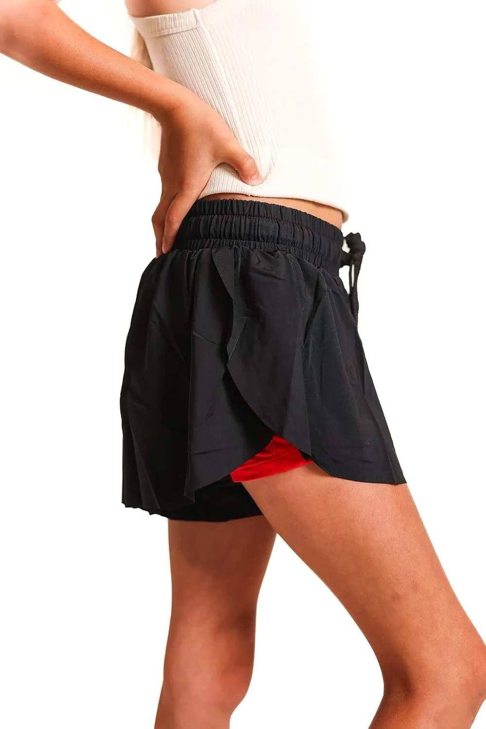Youth Girls Flowy Athletic Shorts with Spandex Liner. Butterfly Shorts for Fitness, Running, Sports with Drawstring Closure