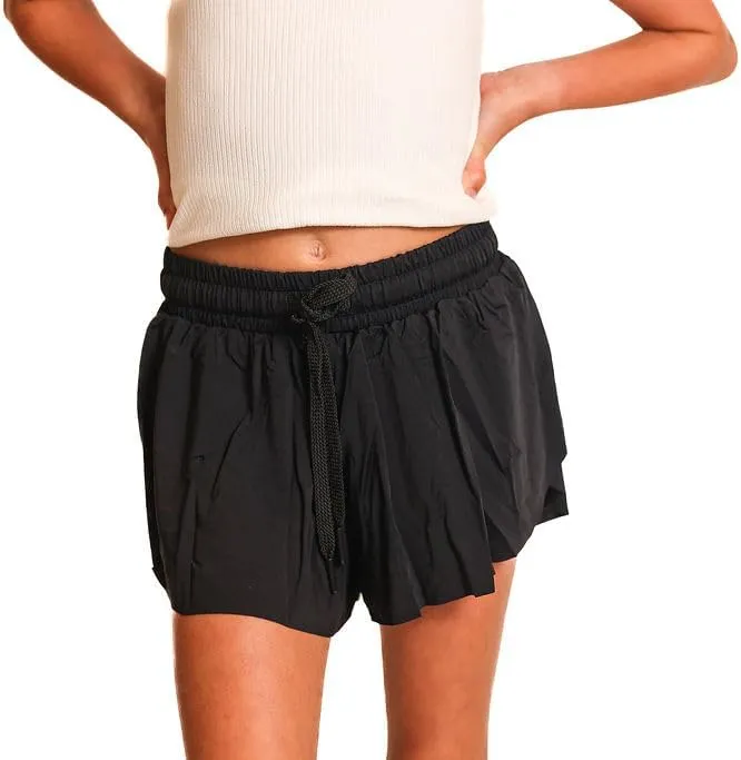 Youth Girls Flowy Athletic Shorts with Spandex Liner. Butterfly Shorts for Fitness, Running, Sports with Drawstring Closure
