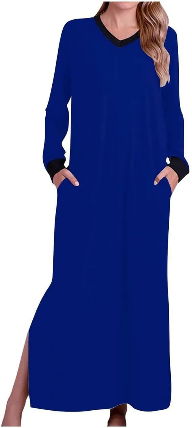 ZEFOTIM Long Sleeve Dress for Women Solid Color Dress Womens Summer Dresses Long Dress V Neck Dresses Womens Spring Dresses