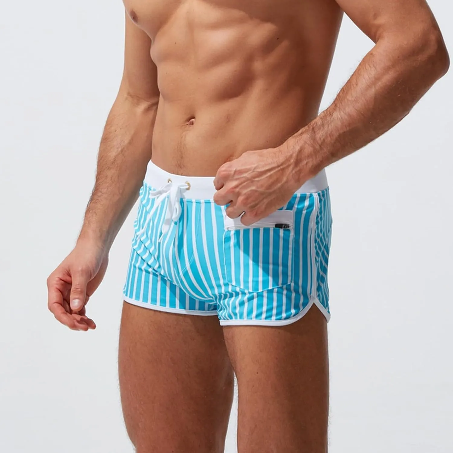 ZEFOTIM Swim Shorts for Men Drawstring Funny Striped Trunk Board Surf Swimsuit with Zipper Pockets