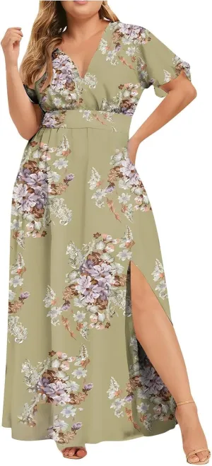 ZYXTIM Oversize Floral Casual Dress for Women Plus Size Deep V Neck High Split Maxi Dresses Wedding Guest Vacation Outfits