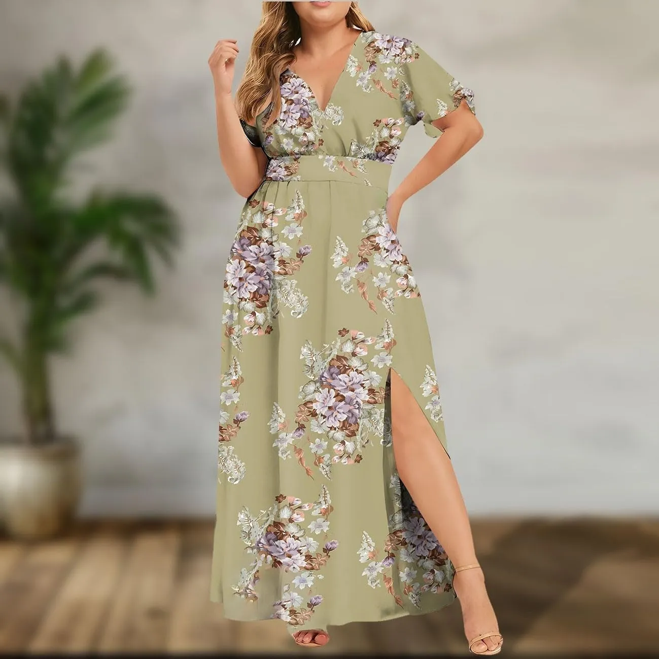 ZYXTIM Oversize Floral Casual Dress for Women Plus Size Deep V Neck High Split Maxi Dresses Wedding Guest Vacation Outfits