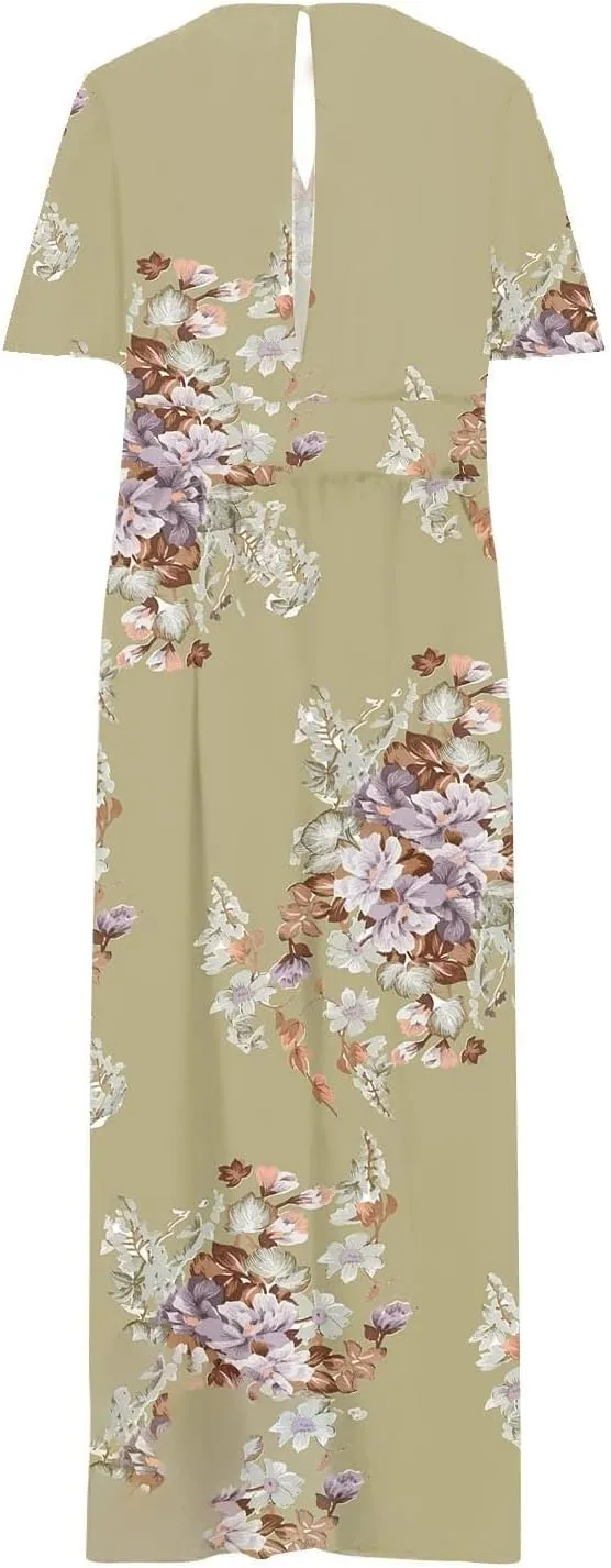 ZYXTIM Oversize Floral Casual Dress for Women Plus Size Deep V Neck High Split Maxi Dresses Wedding Guest Vacation Outfits