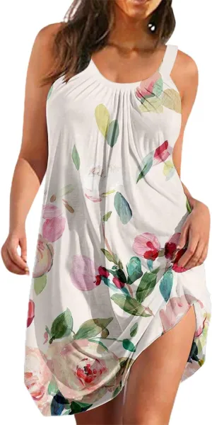 ZYXTIM Women Floral Summer Dresses 2024 Sleeveless Print Cute Sundresses Loose V Neck 3D Graphic Casual Swing Midi Dress