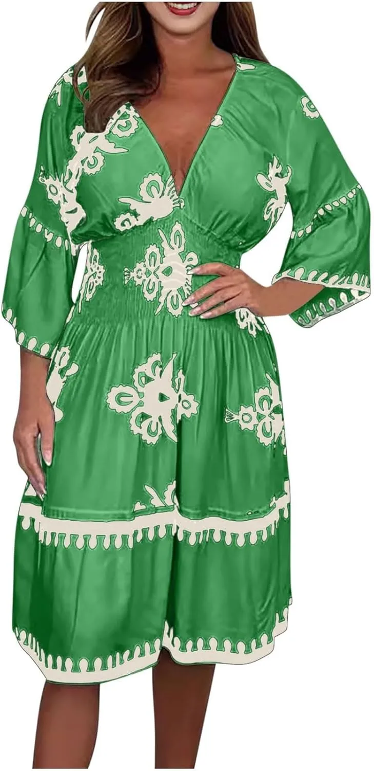 ZYXTIM Women's Elegant V Neck Boho Dresses Plus Size 3/4 Sleeve Smocked Elastic Waist Skater Dress Wedding Guest Dresses