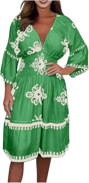 ZYXTIM Women's Elegant V Neck Boho Dresses Plus Size 3/4 Sleeve Smocked Elastic Waist Skater Dress Wedding Guest Dresses
