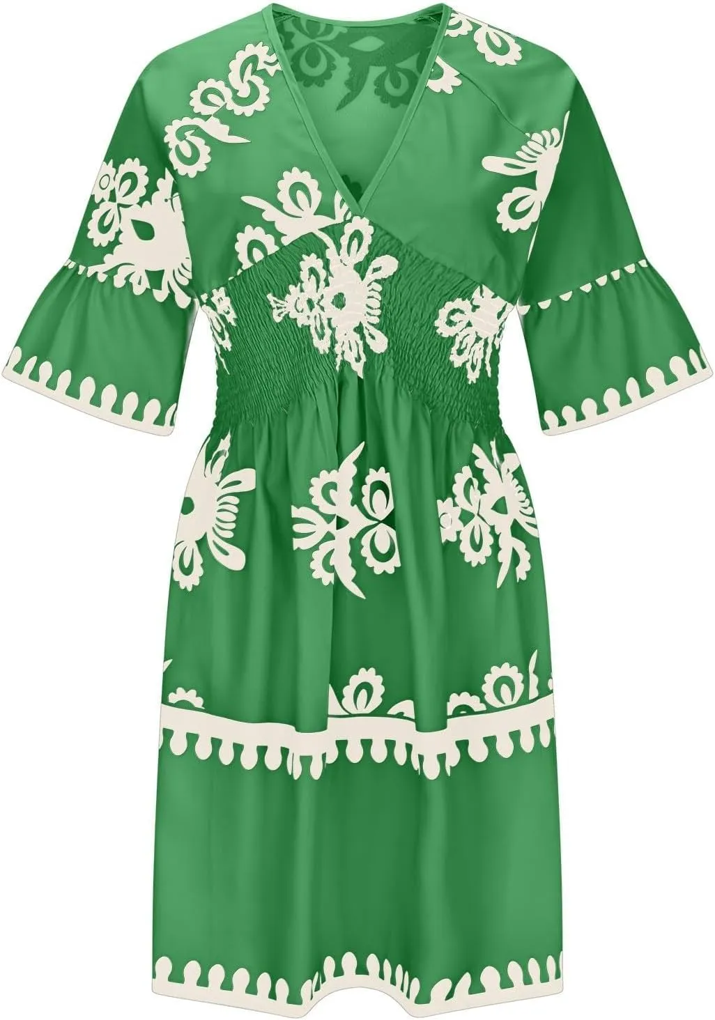 ZYXTIM Women's Elegant V Neck Boho Dresses Plus Size 3/4 Sleeve Smocked Elastic Waist Skater Dress Wedding Guest Dresses