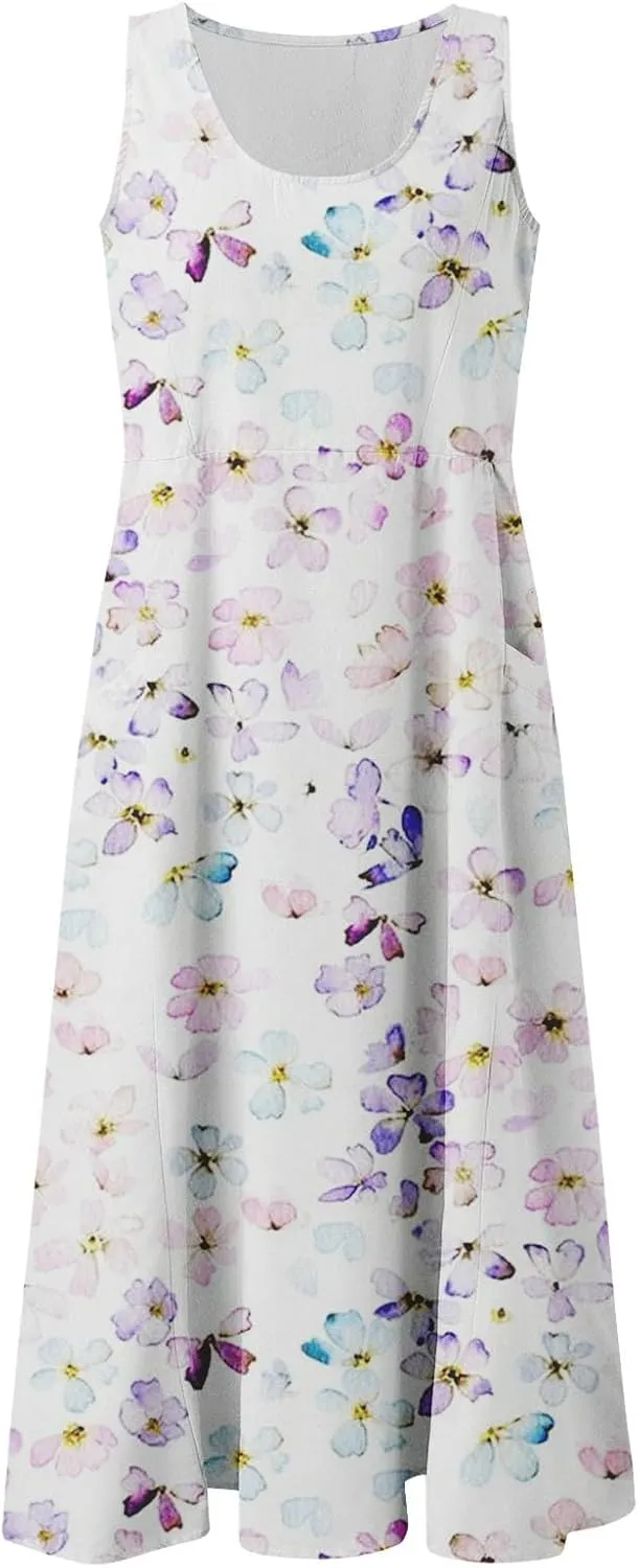 ZYXTIM Women's Summer Maxi Dress Floral Print Sleeveless Bohemian Beach Dress Cover Up Travel Vacation Long Dress with Pocket