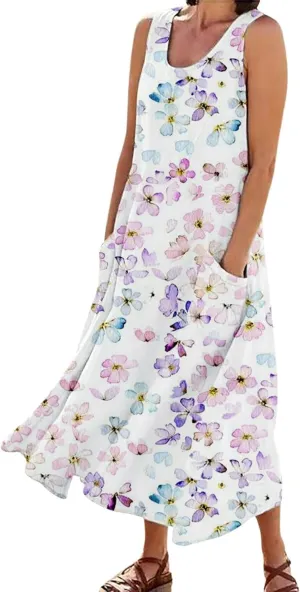 ZYXTIM Women's Summer Maxi Dress Floral Print Sleeveless Bohemian Beach Dress Cover Up Travel Vacation Long Dress with Pocket